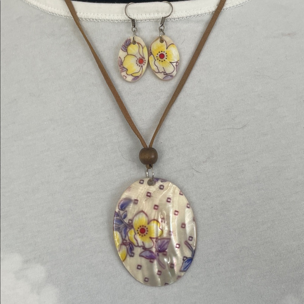 Floral Yellow & Purple Hand painted on Mother of Pearl Necklace and Earring Set